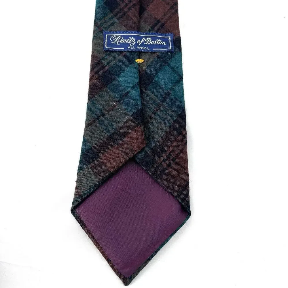 Rivetz Of Boston 100% Wool Green Brown Watch Plaid Preppy College Neck Tie Mens